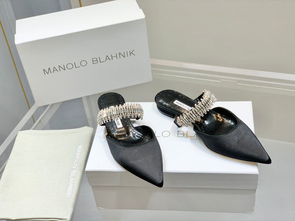 Manolo Flats Mules Diamond Buckle Black Silk Satin 327485