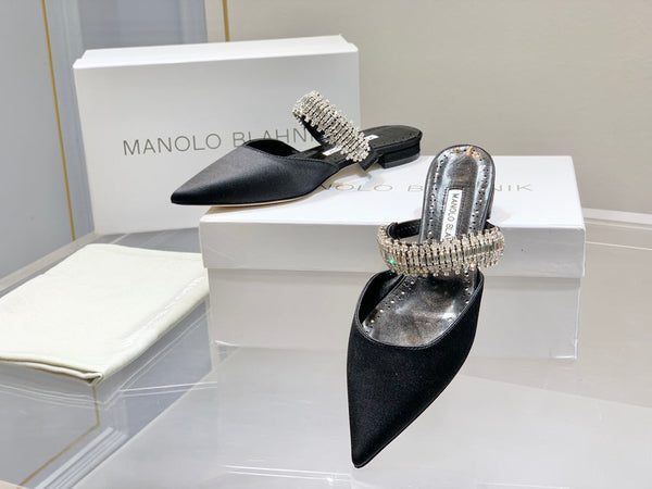 Manolo Flats Mules Diamond Buckle Black Silk Satin 327485