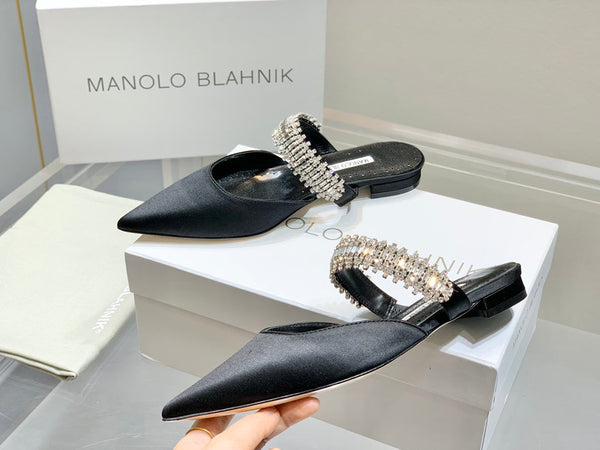 Manolo Flats Mules Diamond Buckle Black Silk Satin 327485
