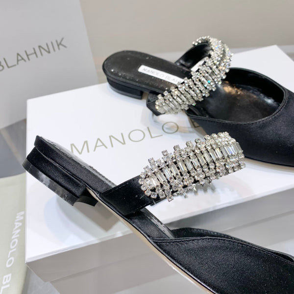 Manolo Flats Mules Diamond Buckle Black Silk Satin 327485