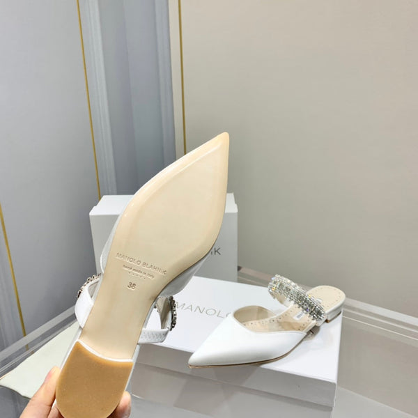 Manolo Flats Mules Diamond Buckle White Silk Satin 327486