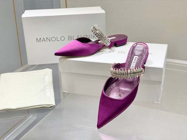 Manolo Flats Mules Diamond Buckle Purple Silk Satin 327487
