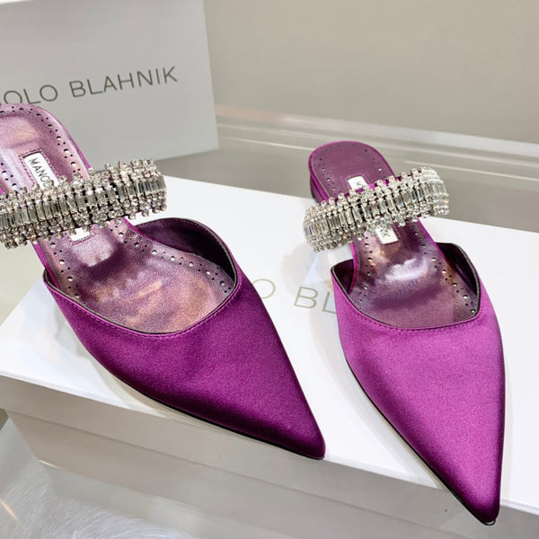Manolo Flats Mules Diamond Buckle Purple Silk Satin 327487