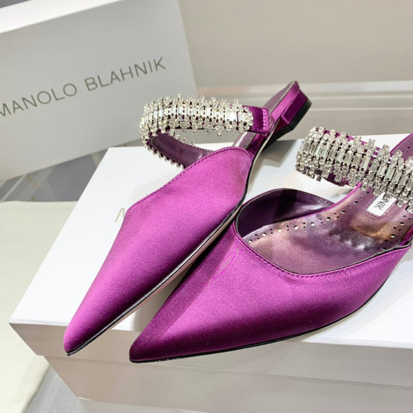 Manolo Flats Mules Diamond Buckle Purple Silk Satin 327487