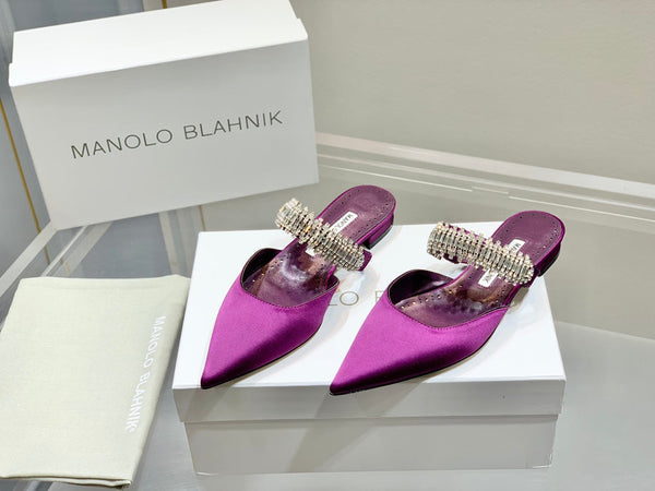 Manolo Flats Mules Diamond Buckle Purple Silk Satin 327487