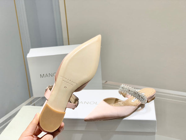 Manolo Flats Mules Diamond Buckle Pink Nude Silk Satin 327488