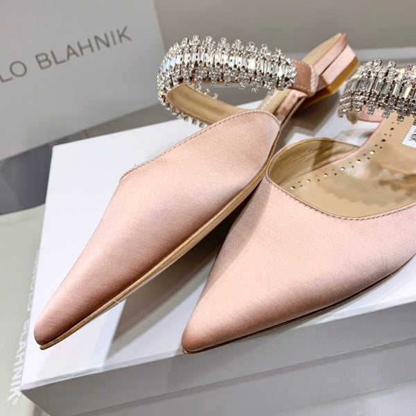 Manolo Flats Mules Diamond Buckle Pink Nude Silk Satin 327488