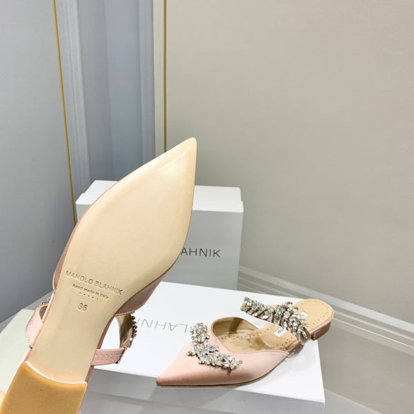 Manolo Flats Mules Crystal Pink Nude Silk Satin 327468