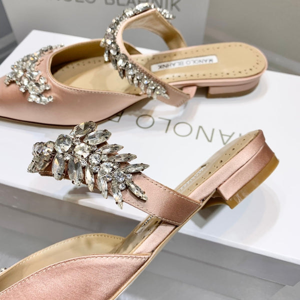 Manolo Flats Mules Crystal Pink Nude Silk Satin 327468