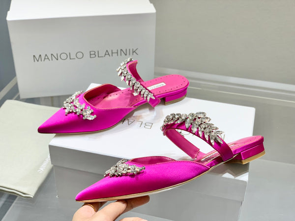 Manolo Flats Mules Crystal Dark Pink Silk Satin 327469