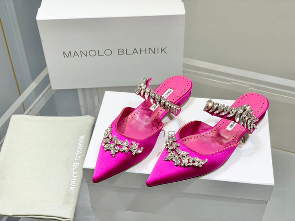 Manolo Flats Mules Crystal Dark Pink Silk Satin 327469