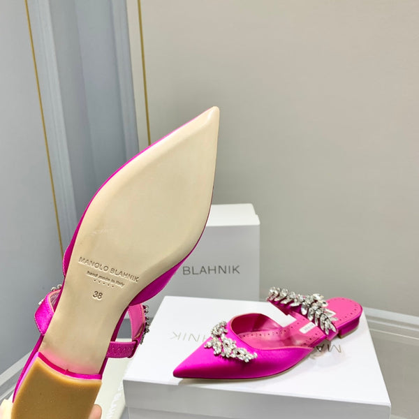 Manolo Flats Mules Crystal Dark Pink Silk Satin 327469