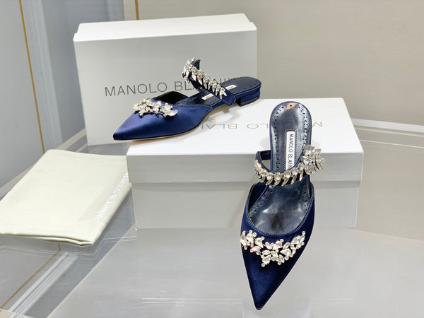 Manolo Flats Mules Crystal Navy Blue Silk Satin 327470