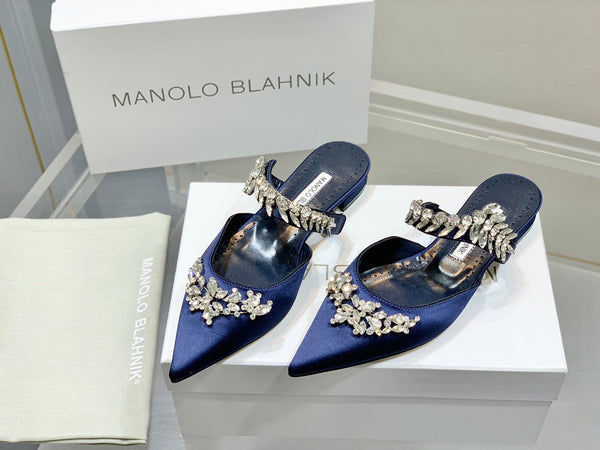 Manolo Flats Mules Crystal Navy Blue Silk Satin 327470