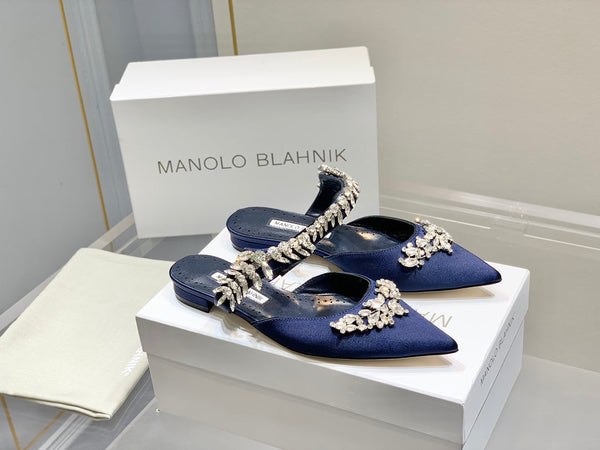 Manolo Flats Mules Crystal Navy Blue Silk Satin 327470