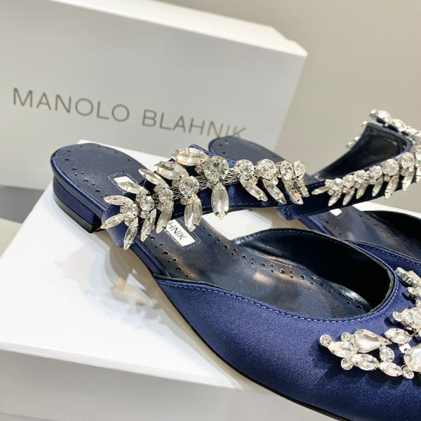 Manolo Flats Mules Crystal Navy Blue Silk Satin 327470