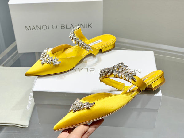 Manolo Flats Mules Crystal Yellow Silk Satin 327472