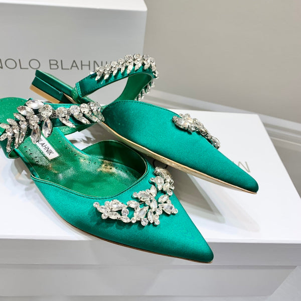 Manolo Flats Mules Crystal Green Silk Satin 327474