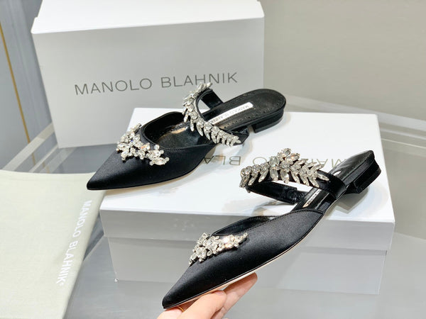 Manolo Flats Mules Crystal Black Silk Satin 327467
