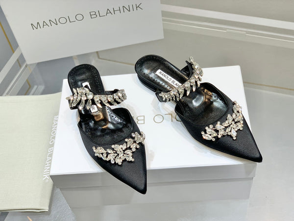 Manolo Flats Mules Crystal Black Silk Satin 327467