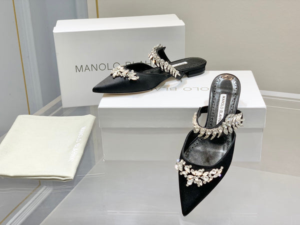Manolo Flats Mules Crystal Black Silk Satin 327467