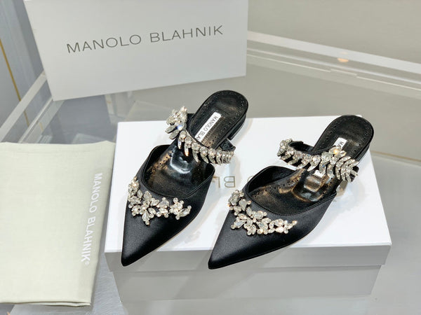 Manolo Flats Mules Crystal Black Silk Satin 327467