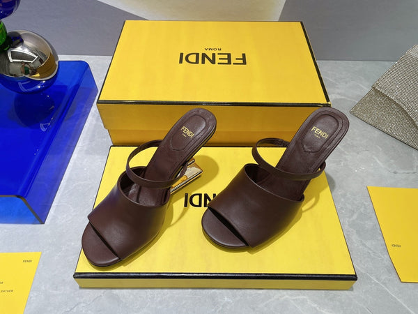 FENDI FIRST 95 MM HIGH-HEELED SANDAL IN CHOCOLATE BROWN LAMBSKIN GOLD HARDWARE