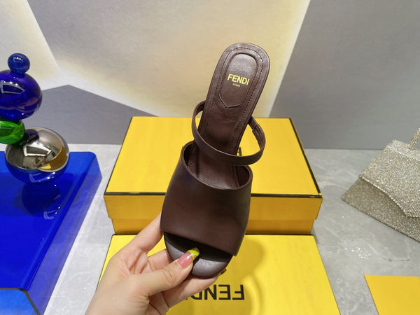 FENDI FIRST 95 MM HIGH-HEELED SANDAL IN CHOCOLATE BROWN LAMBSKIN GOLD HARDWARE