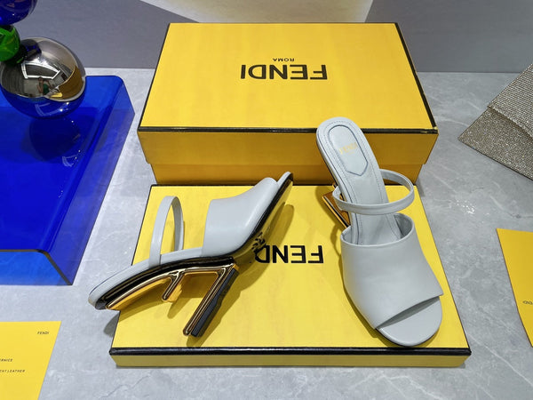 FENDI FIRST 95 MM HIGH-HEELED SANDAL IN CLOUD GREY LAMBSKIN GOLD HARDWARE