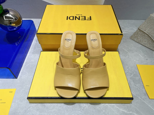 FENDI FIRST 95 MM HIGH-HEELED SANDAL IN MUSTARD YELLOW LAMBSKIN GOLD HARDWARE