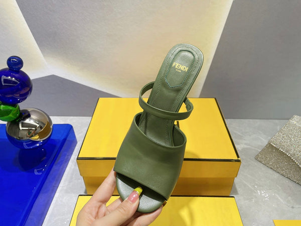 FENDI FIRST 95 MM HIGH-HEELED SANDAL IN OLIVE GREEN LAMBSKIN GOLD HARDWARE