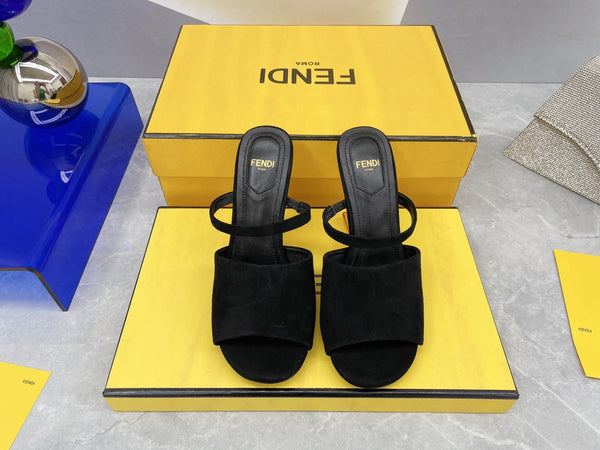 FENDI FIRST 95 MM HIGH-HEELED SANDAL IN BLACK SUEDE GOLD HARDWARE