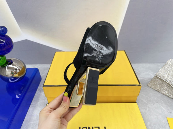 FENDI FIRST 95 MM HIGH-HEELED SANDAL IN BLACK SUEDE GOLD HARDWARE