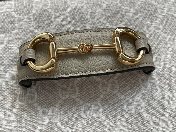 BORSA DA SELLA GG HORSEBIT 1955 25 IN TELA BIANCA E PELLE DI VITELLO BEIGE