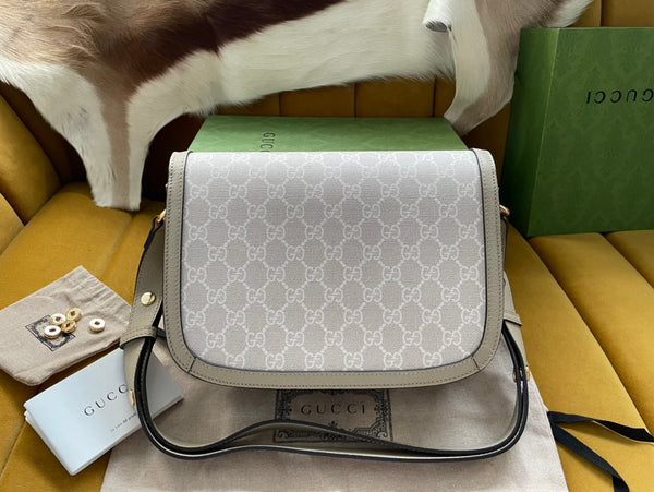 BORSA DA SELLA GG HORSEBIT 1955 25 IN TELA BIANCA E PELLE DI VITELLO BEIGE