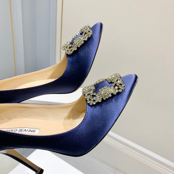 Manolo Diamond Buckle Pumps 10cm Navy Blue Silk 327497