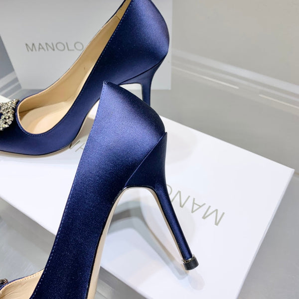 Manolo Diamond Buckle Pumps 10cm Navy Blue Silk 327497