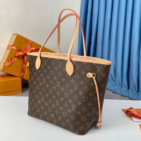 NEVERFULL MM 32 MARRONE BEIGE ROSA TELA MONOGRAMMA