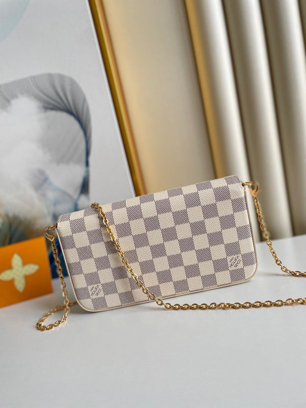FÉLICIE POCHETTE 21 IN BLUE BEIGE DAMIER AZUR CANVAS GOLD HARDWARE