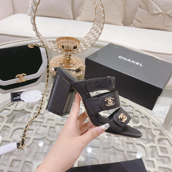 CC 25C Three Strap Sandal Mule High Heel Black Sheepskin 213348