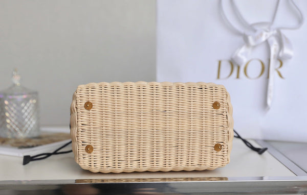 LADY 24 BASKET BAG IN BLACK OBLIQUE JACQUARD MIX BEIGE WICKER