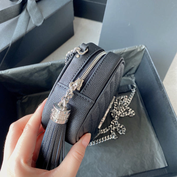 LOU MINI CAMERA BAG 19 IN BLACK CAVIAR PATTERN CALFSKIN SILVER HARDWARE