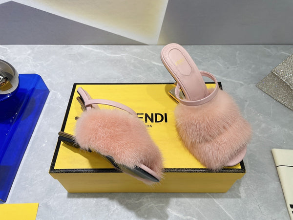 FENDI FIRST HIGH HEEL 95 MM SANDAL IN LIGHT PINK MINK FUR