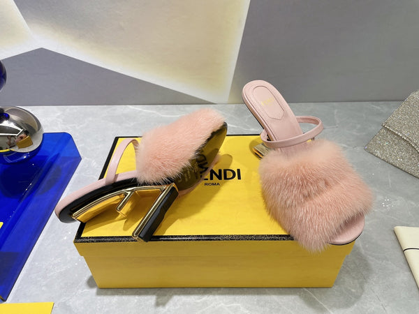 FENDI FIRST HIGH HEEL 95 MM SANDAL IN LIGHT PINK MINK FUR