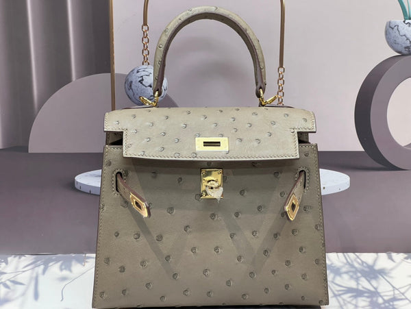 KELLY BAG 20 IN KHAKI BEIGE OSTRICH LEATHER WITH GOLD HARDWARE (MADE - TO - ODER)