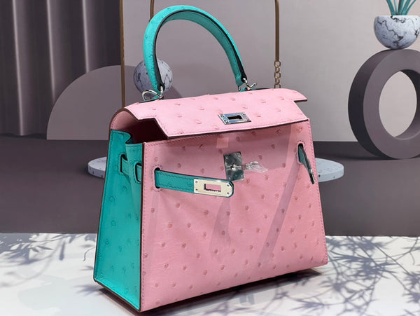 KELLY BAG 20 IN FLAMINGO PINK MIX CYAN BLUE OSTRICH LEATHER WITH SILVER HARDWARE (MADE - TO - ODER)