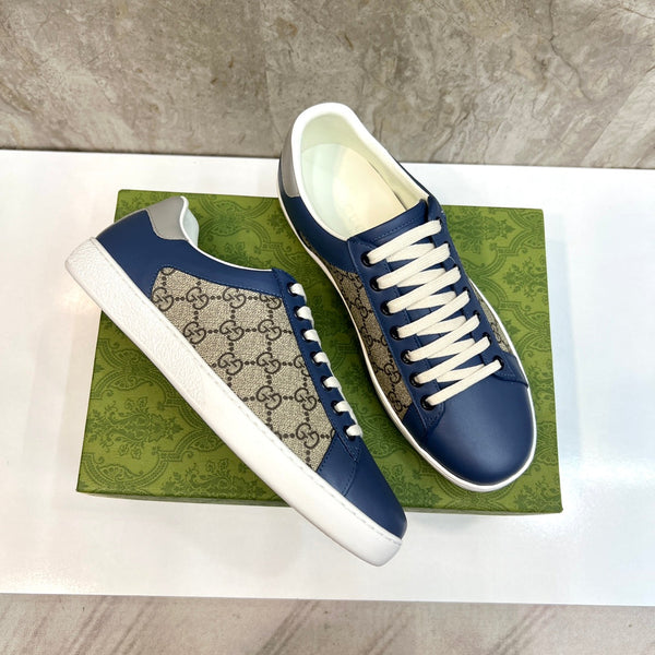 GG Men's Supreme Sneaker Navy Blue Canvas Cowhide 525940