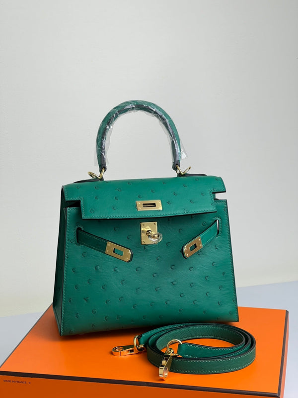 KELLY BAG 20 IN TEAL GREEN OSTRICH LEATHER WITH GOLD HARDWARE (MADE - TO - ODER)