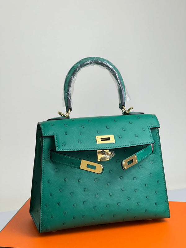 KELLY BAG 20 IN TEAL GREEN OSTRICH LEATHER WITH GOLD HARDWARE (MADE - TO - ODER)