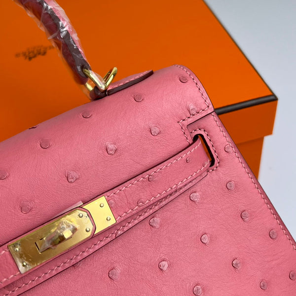 KELLY BAG 20 IN ROUGE PINK OSTRICH LEATHER WITH GOLD HARDWARE (MADE - TO - ODER)